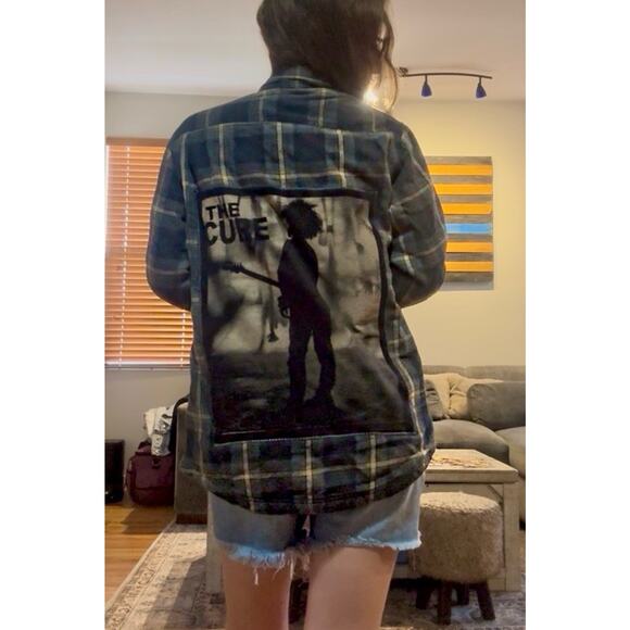 THE CURE Upcycled Plaid Flannel Shacket Retro Vintage 80s Rock Jacket Men’s Sz S - Picture 1 of 9